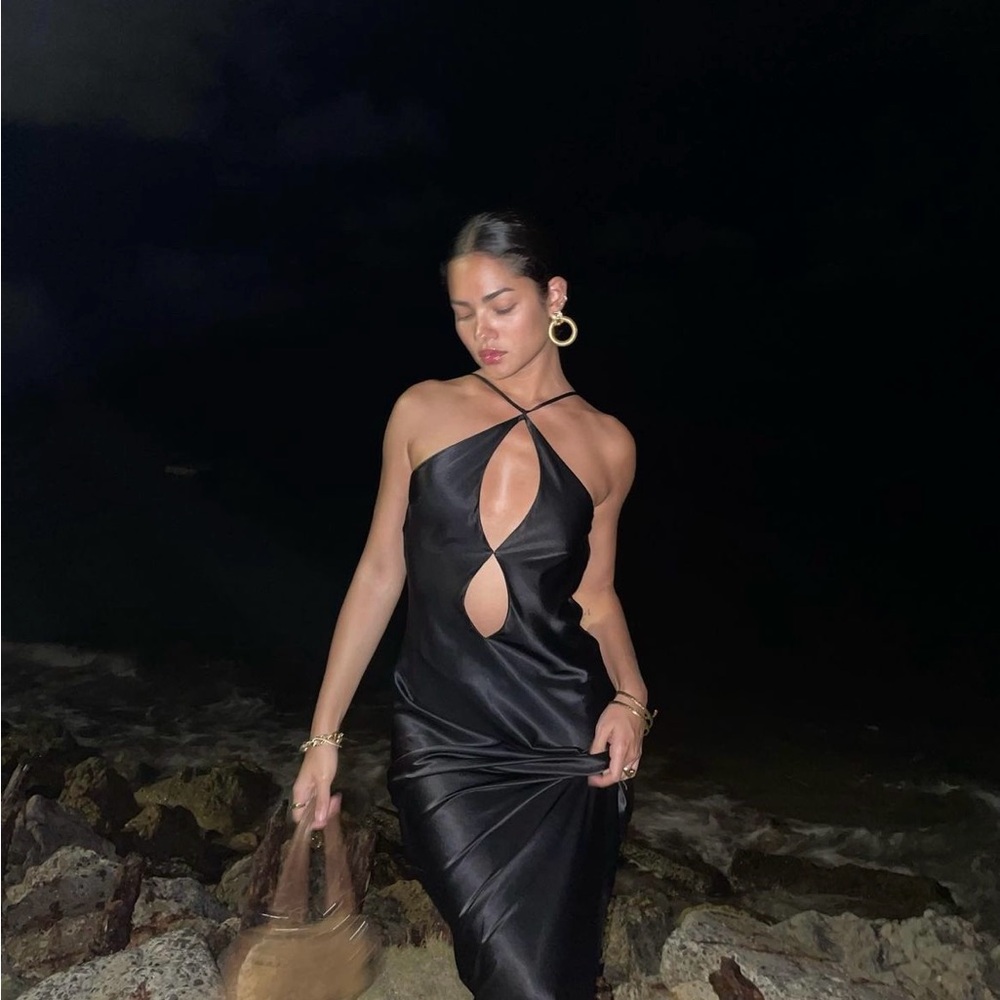 NWOT Meshki Lucia satin maxi dress black sz. M